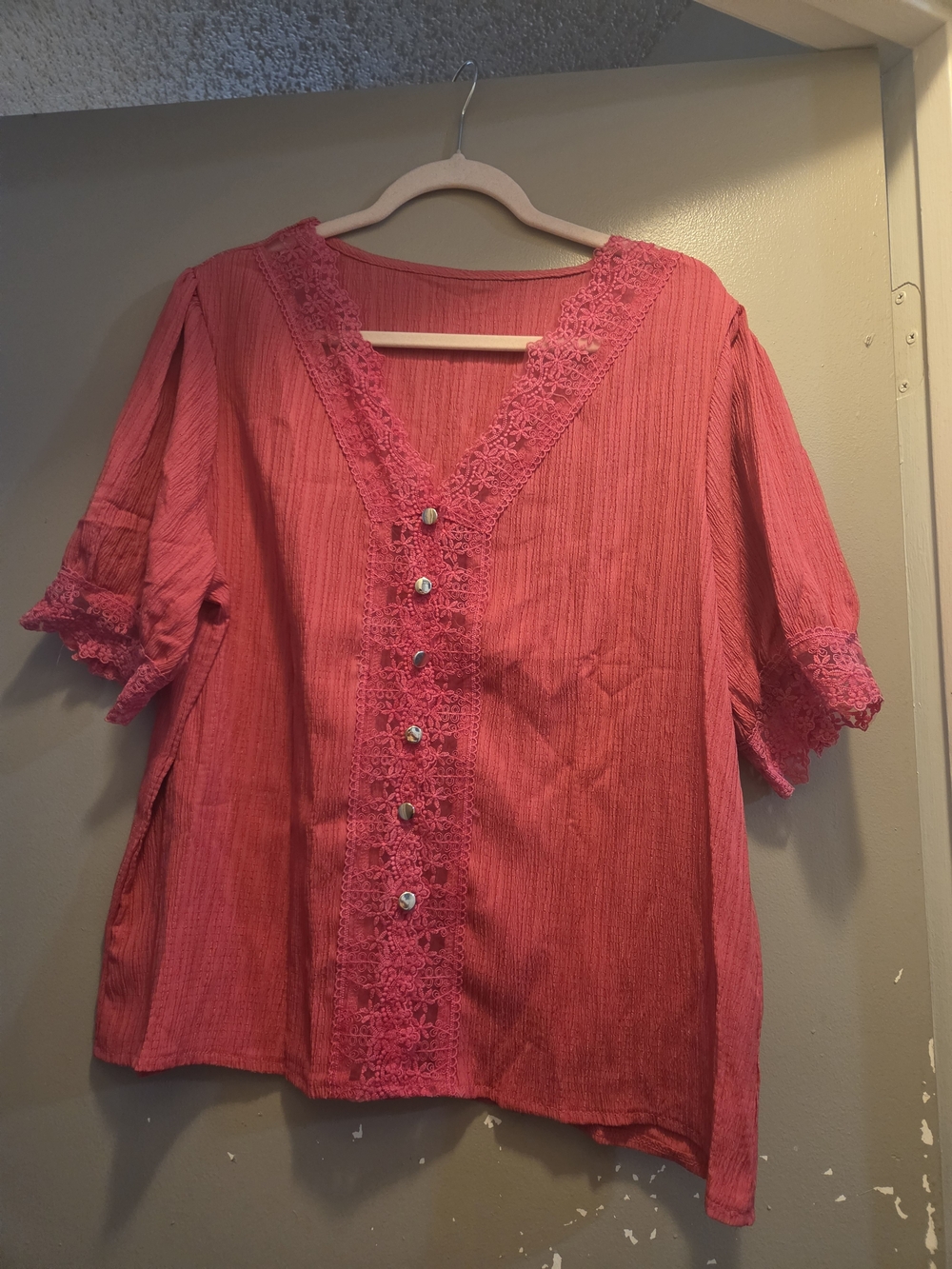 3/$15Women's Pink Lace-Trim Button Front Blouse